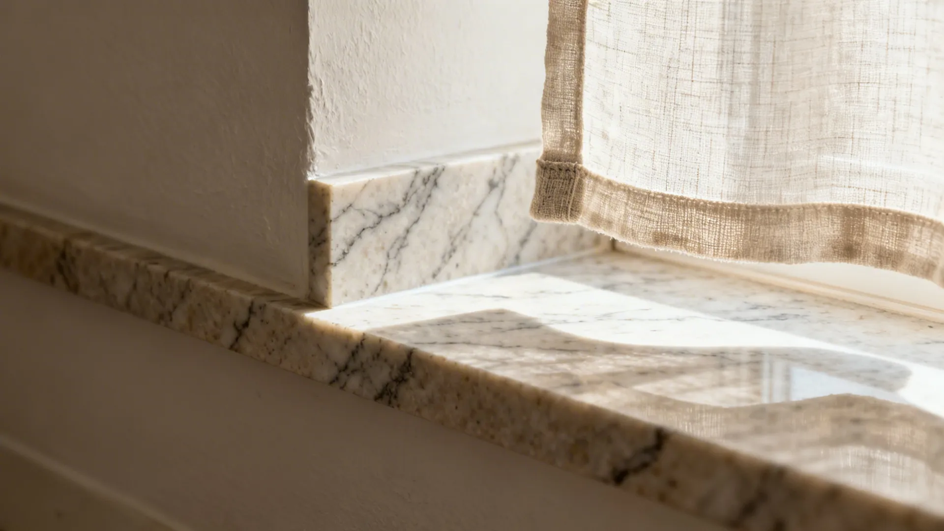 Close-up of a honed stone backsplash meeting plaster with a linen curtain edge.