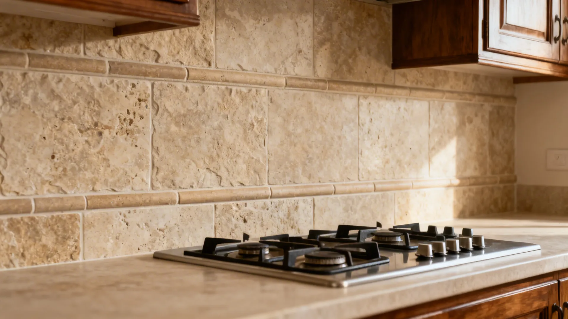 Warm taupe stone-look backsplash with shallow texture that conceals splatter.