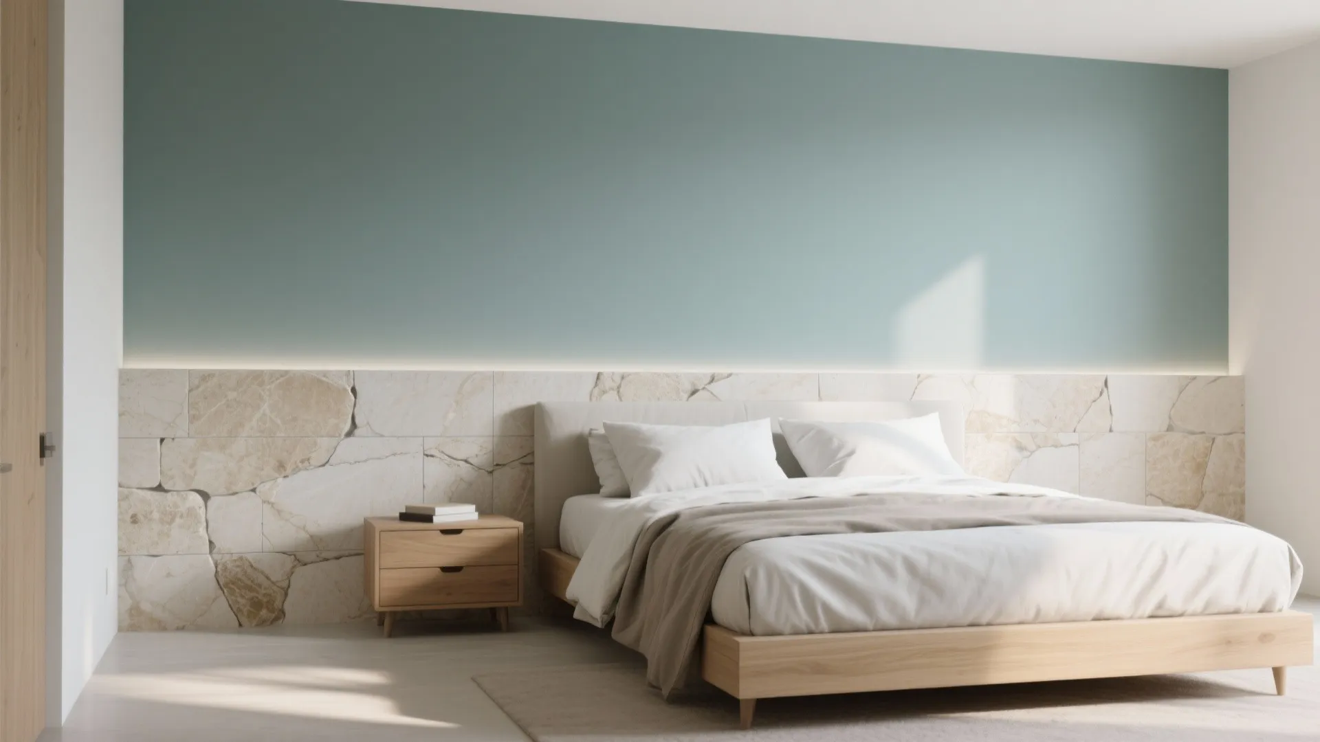 Minimalist bedroom with wooden bed and nightstand featuring light blue wall and stone wall panel