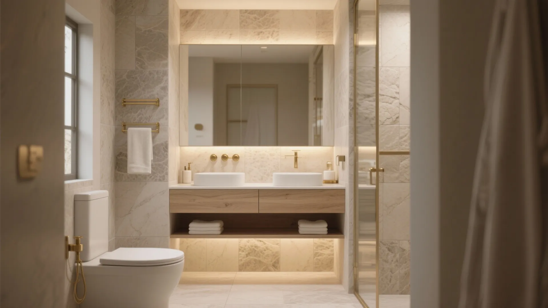 Modern bathroom with stone walls wooden vanity double sinks large mirror and warm gold lighting
