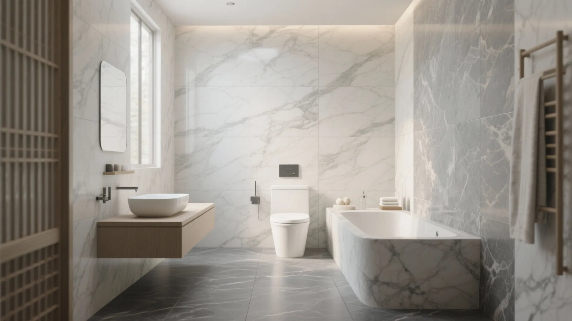 Bathroom with honed marble-look walls and soft riven slate-look porcelain floor in a spa-like setting.