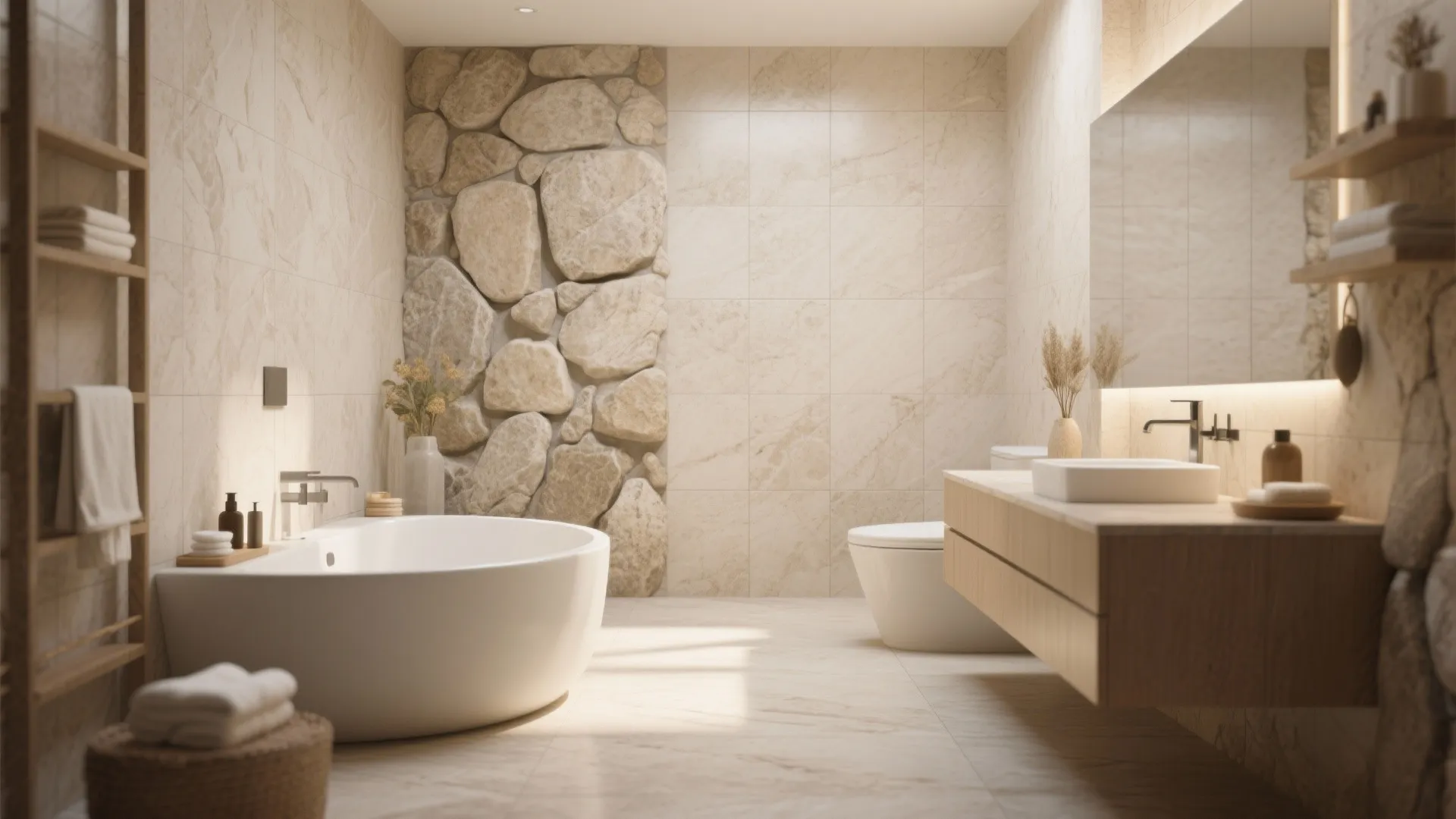 Modern bathroom with stone wall accent, white bathtub, toilet, wood cabinet, and warm natural light