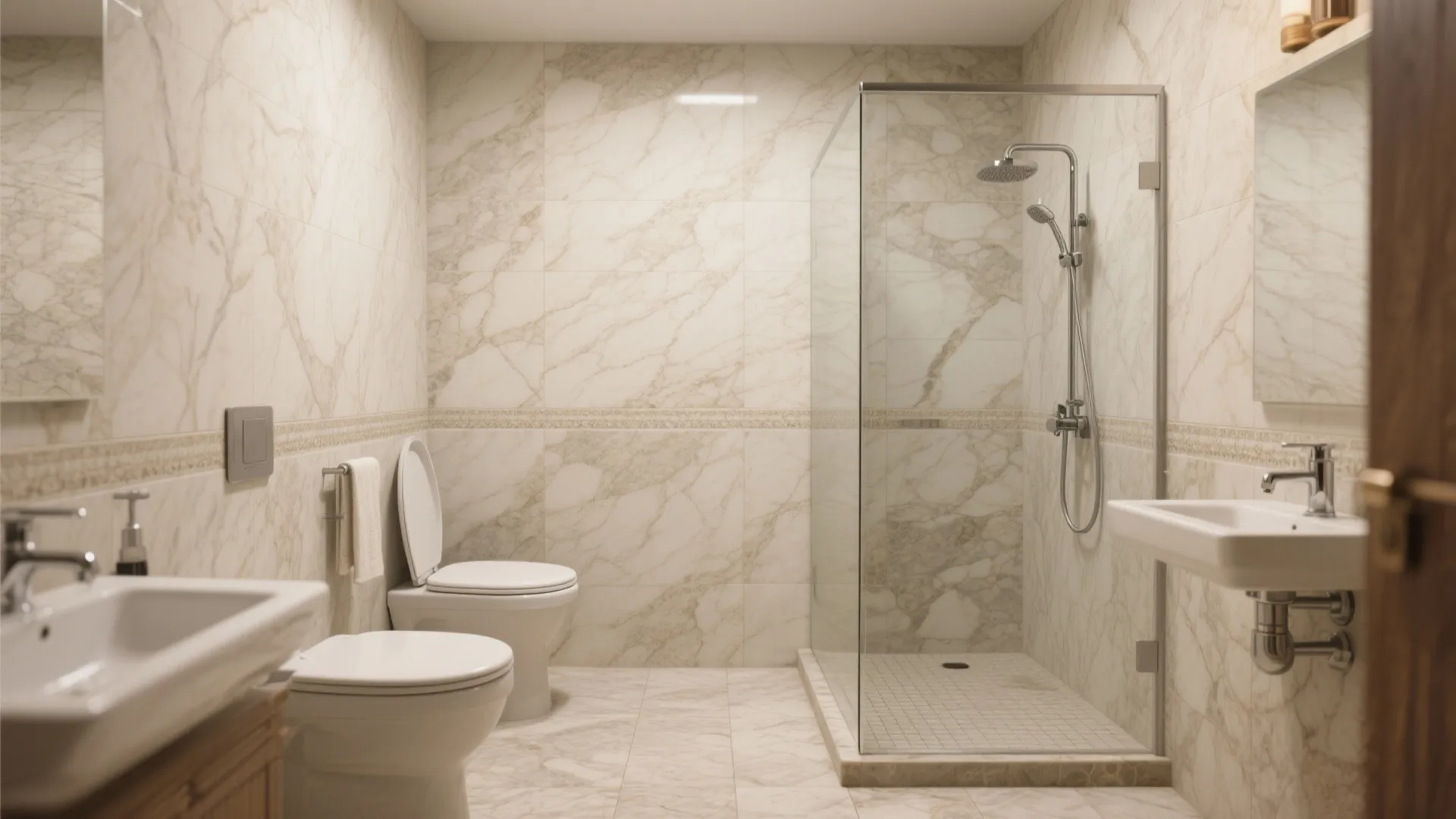 Small bathroom with subtle veined stone-look porcelain walls and textured stone-look floor.