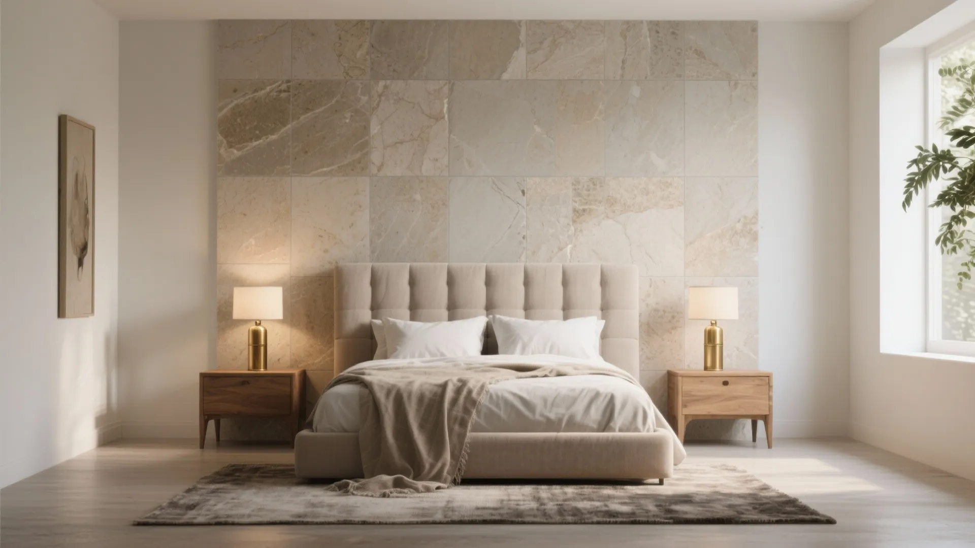 Modern bedroom with beige stone wall panel, comfortable bed, wooden side tables, and gold table lamps