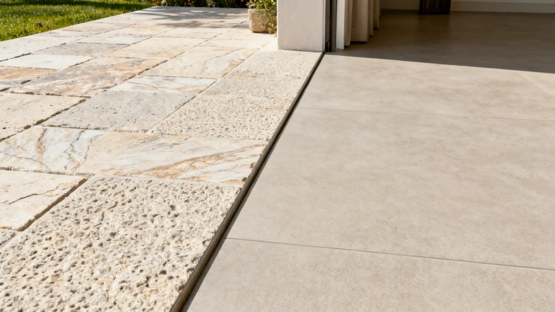 Before-and-after showing stone-look porcelain creating a seamless kitchen-to-patio transition.