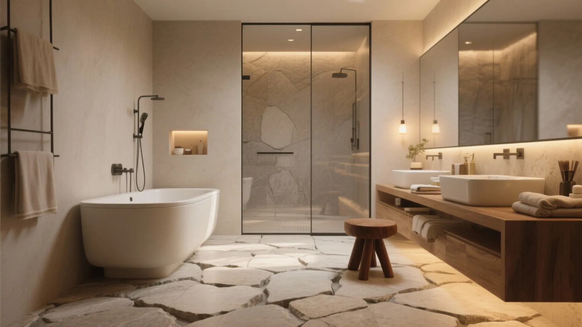 Stone-look rough porcelain floor in warm beige, spa lighting, and timber accents for cozy stability.