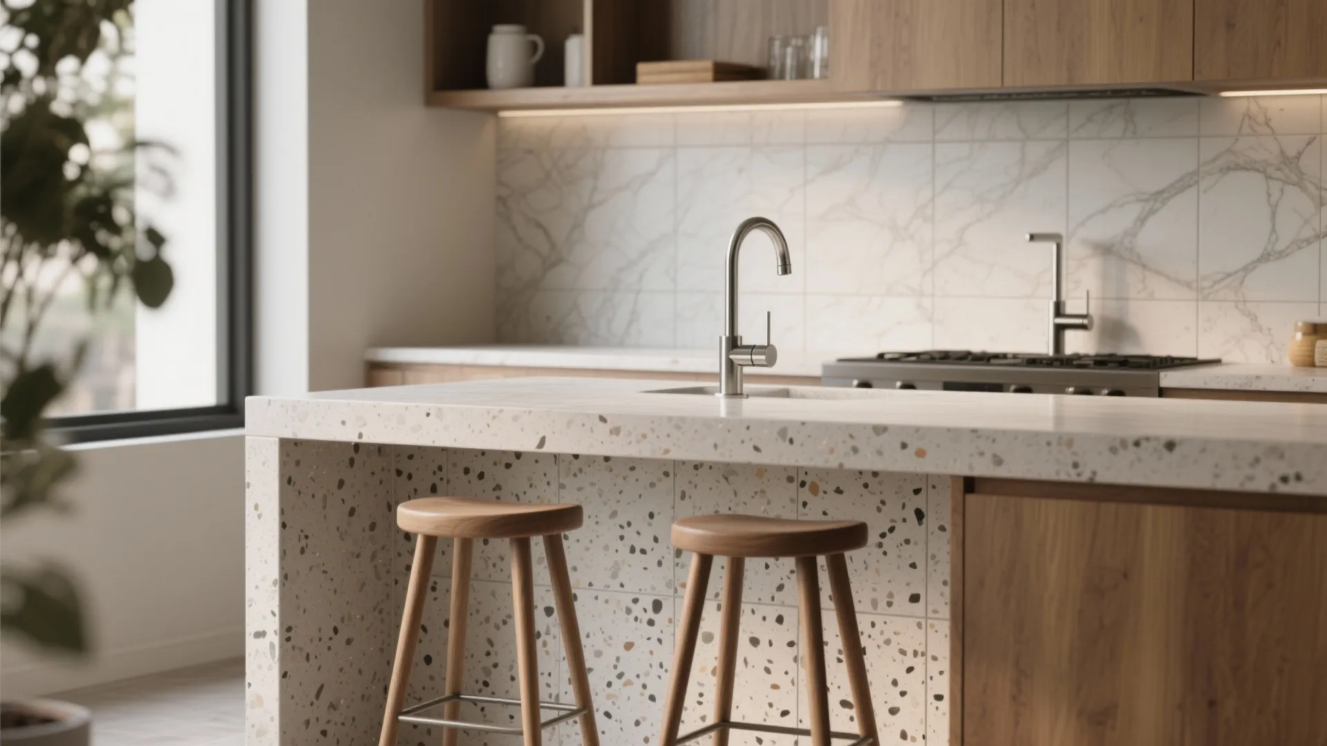 Stone- or Terrazzo-Look Porcelain with a Metal Cap