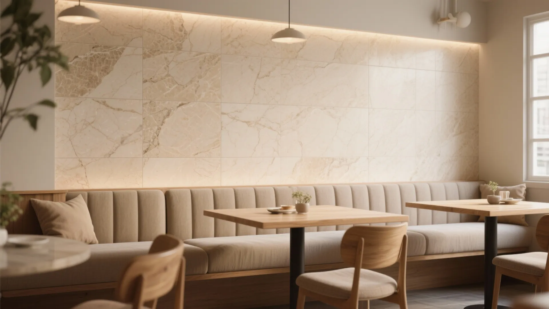 Modern restaurant seating area with long tan bench, wooden tables, marble walls, and soft lighting