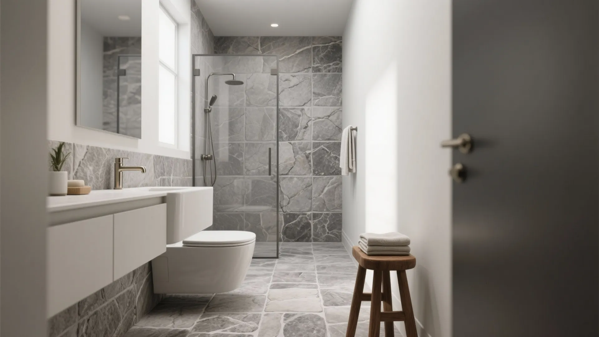 Modern bathroom with grey stone tiles glass shower white sink and a small brown wooden stool