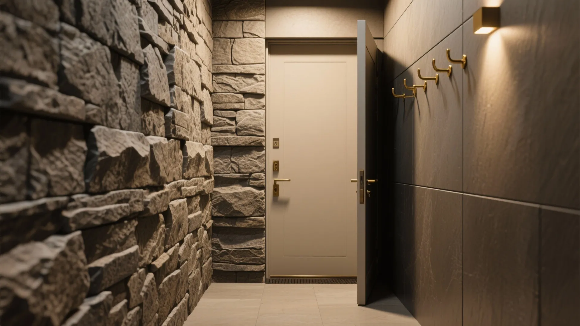 Modern entryway hallway featuring stone wall panels white door wall light and golden coat hooks