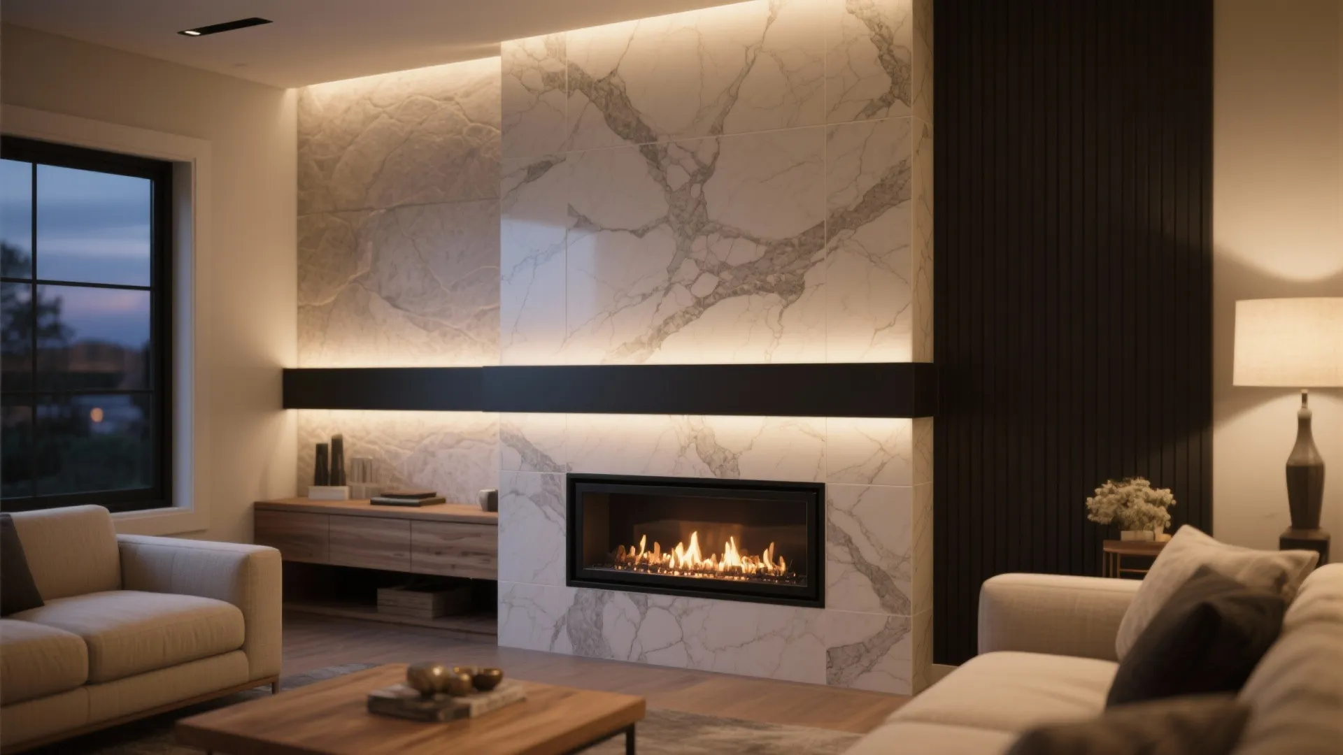 Stone-look porcelain around the fireplace (or a faux hearth)
