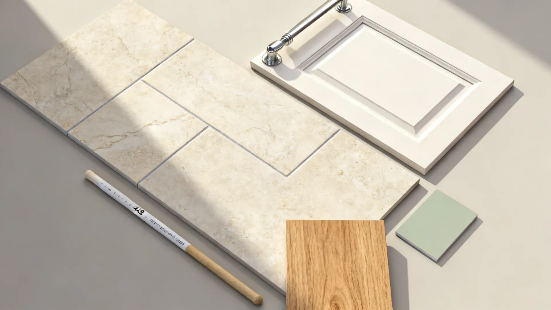 Top-down material flatlay with stone-look porcelain tile, grout, white cabinet, oak, and sage paint.
