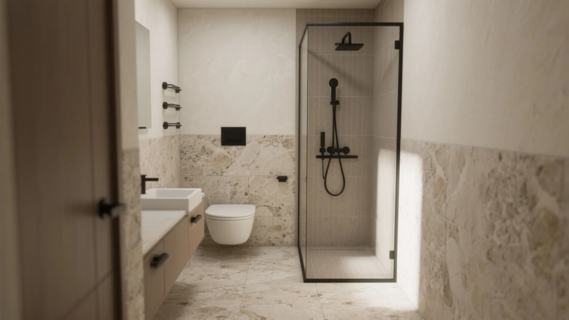 Modern bathroom with stone look floor tiles, black shower enclosure, white toilet, and wooden vanity