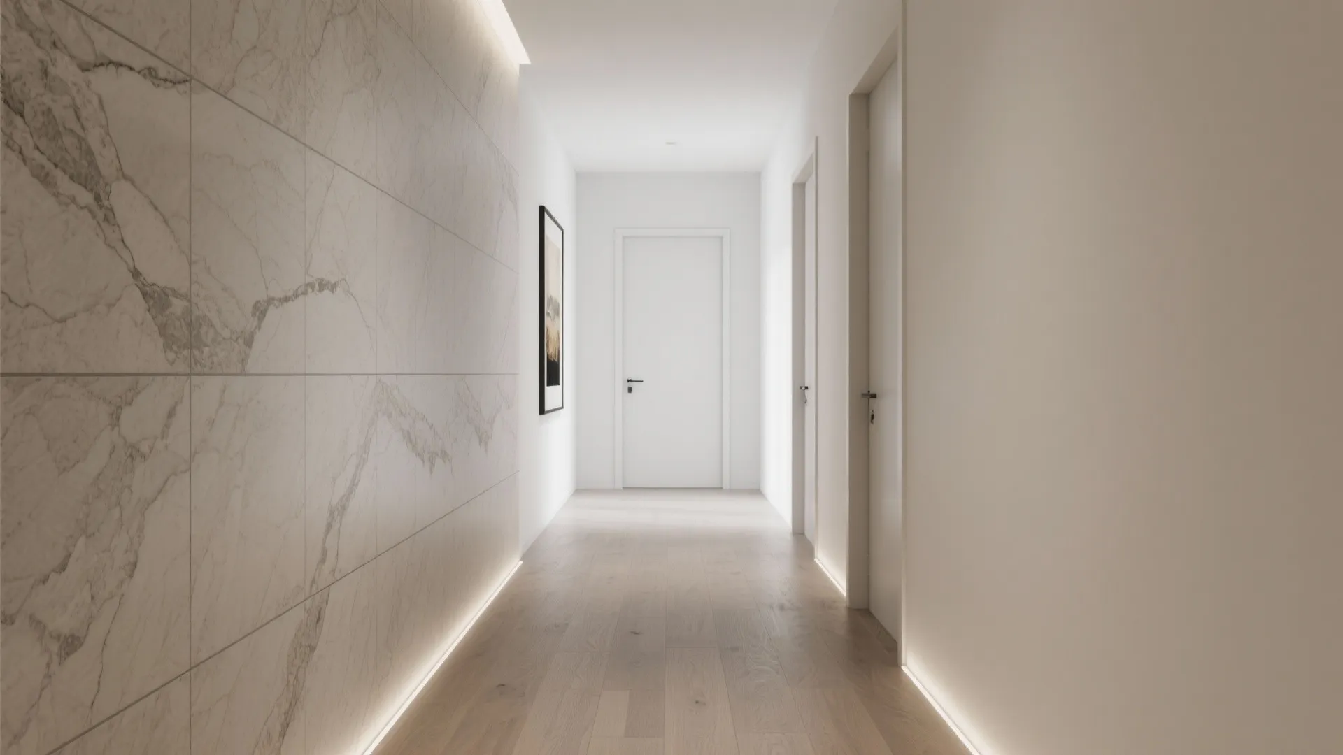 Minimalist hallway with large-format stone-look tiles forming a calm, continuous wall.