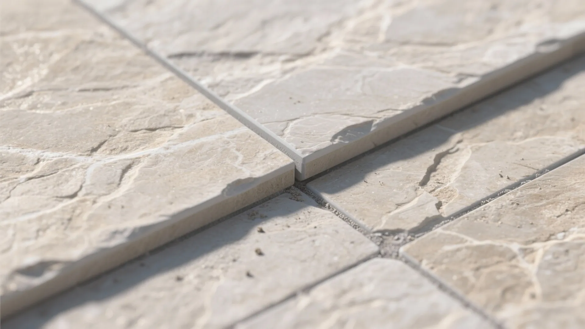 Close up view of light brown stone tiles with textured surface and thin grey grout