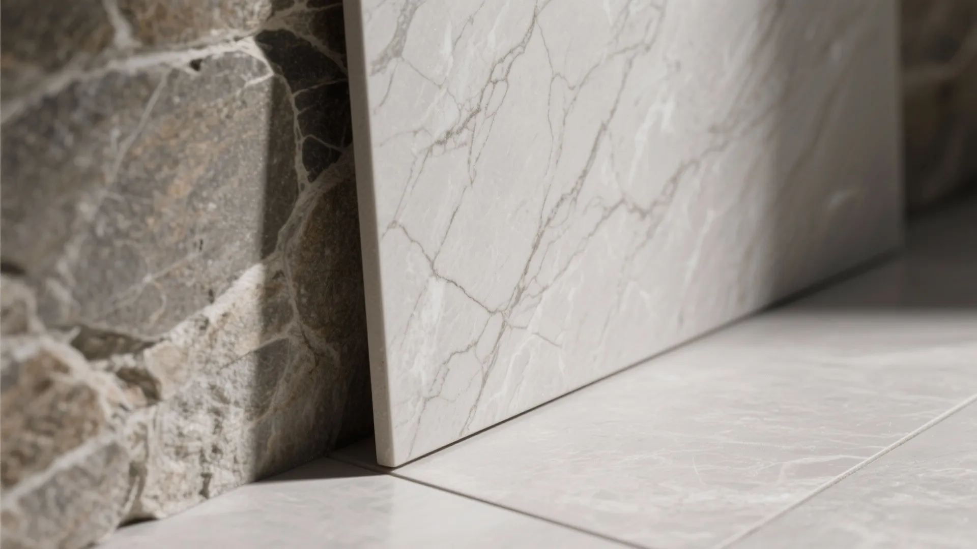 Close-up of stone-look porcelain with subtle veining and matched grout lines.