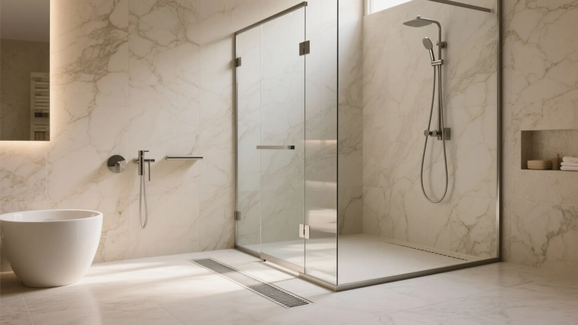 Stone-look matte porcelain tiles with subtle veining create a serene spa-like bathroom.