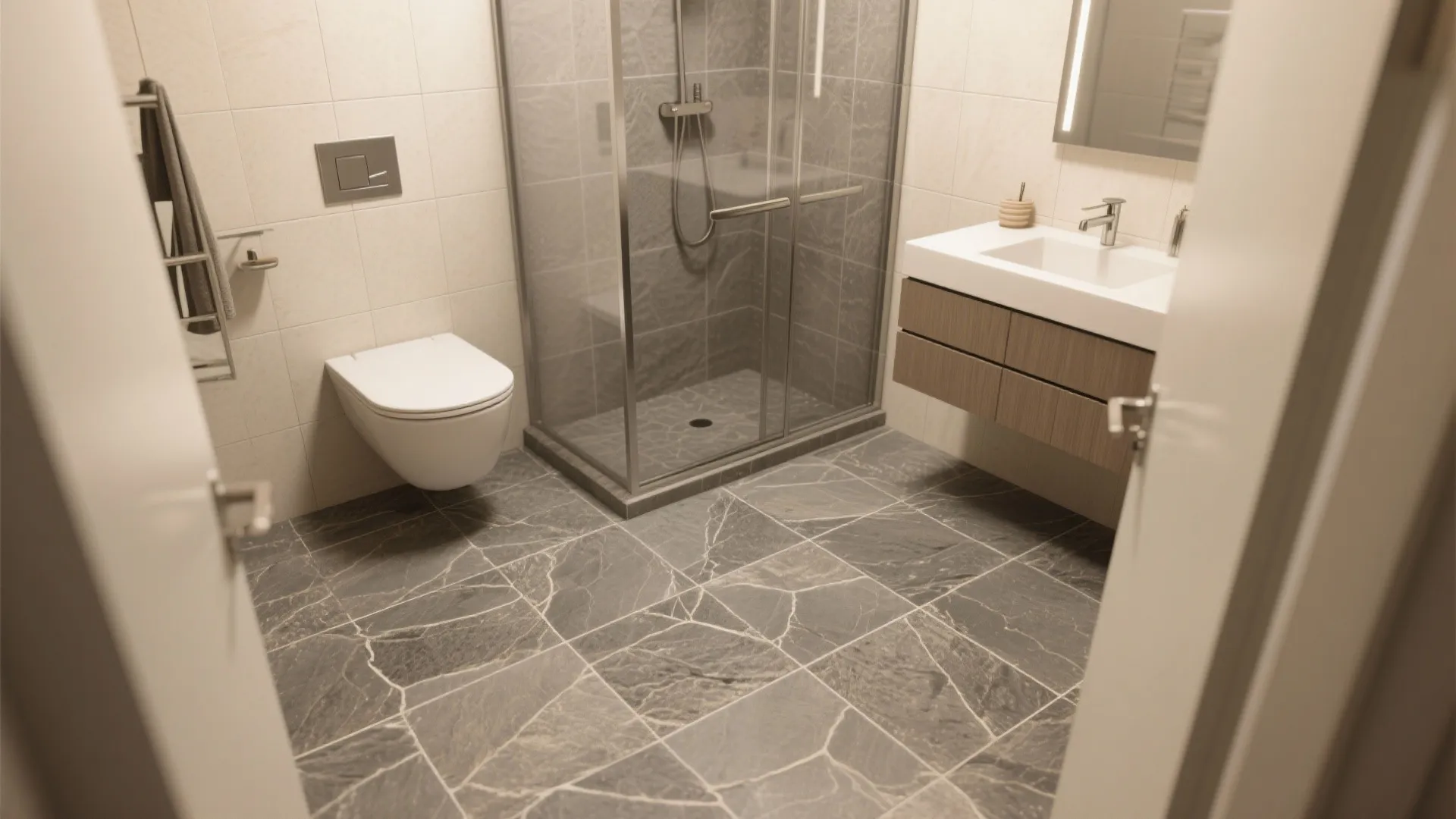 Close up shot of beige floor tiles with a rough stone texture and white grout