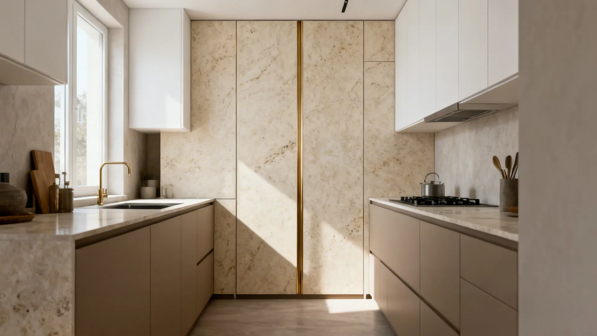 Tall pantry doors in travertine-look laminate with slim brass inlays in a small modern kitchen.