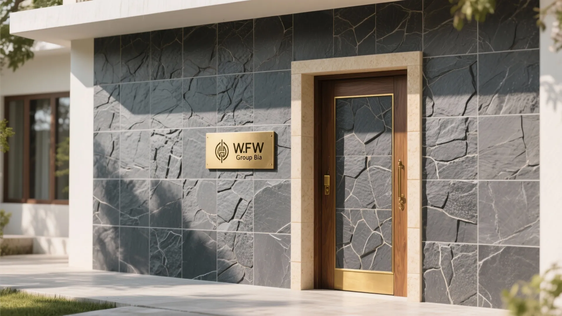 Modern building entrance with a grey stone wall and wooden door featuring a gold plate