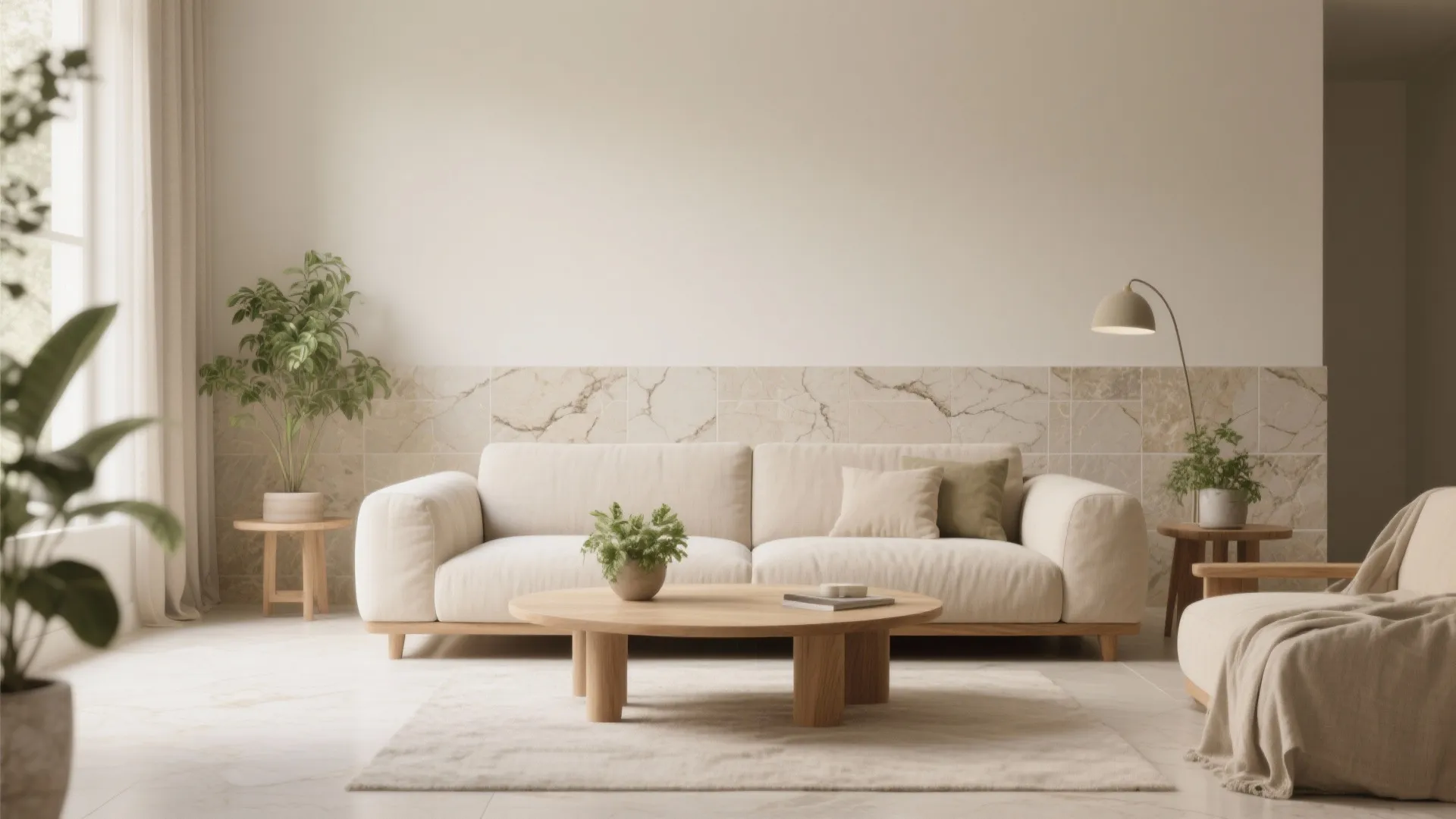 Modern living room featuring cream sofa wooden coffee table marble wall panel and green indoor plants