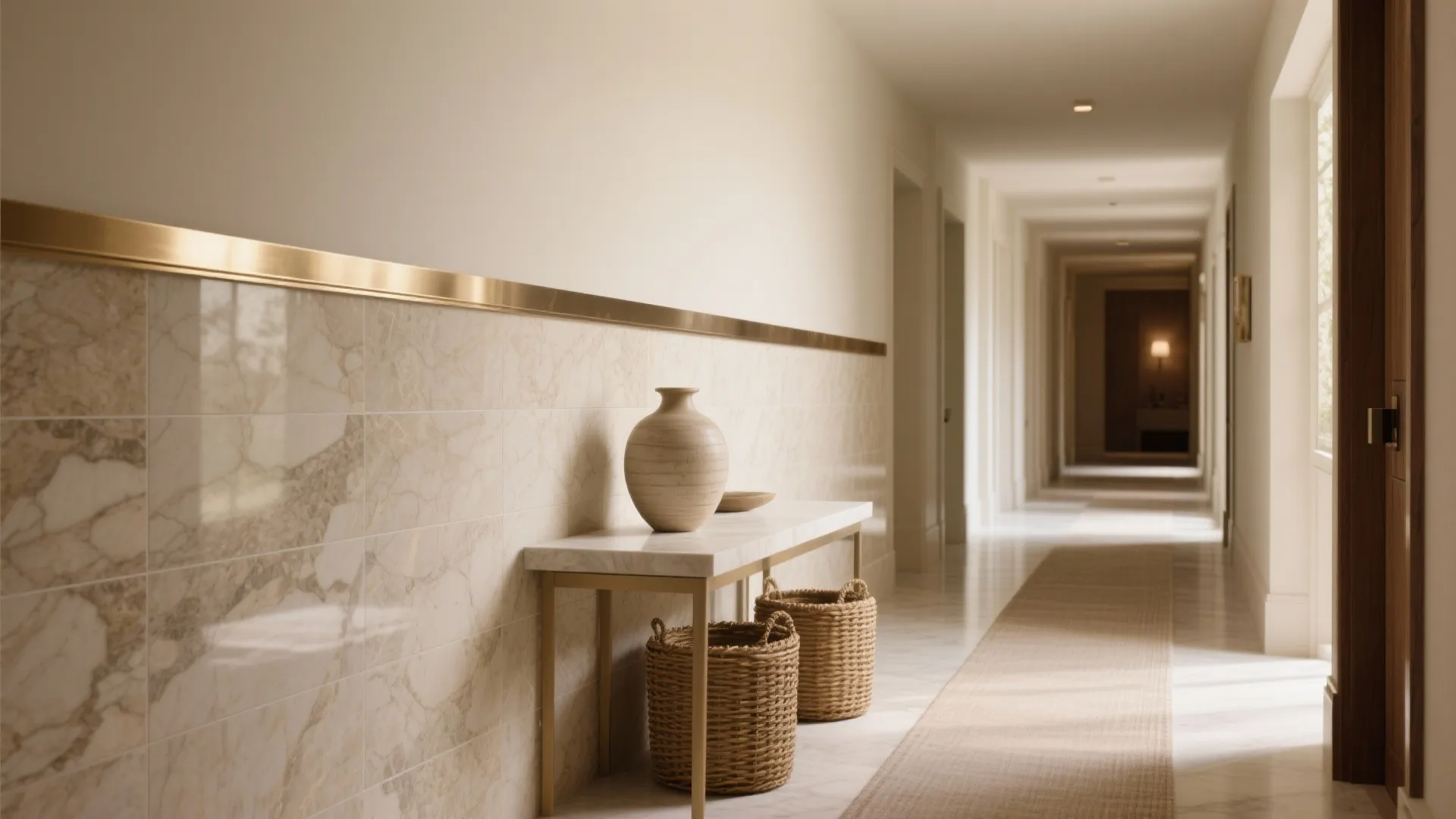 Long hallway with marble wall panel gold trim small table baskets and a white vase