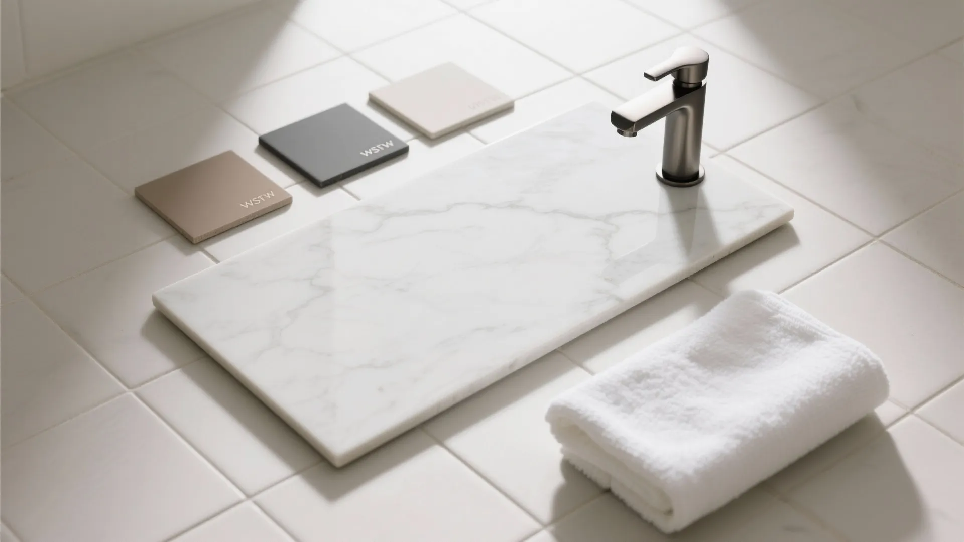 Modern white marble floor tile sample with water faucet white towel and three color blocks