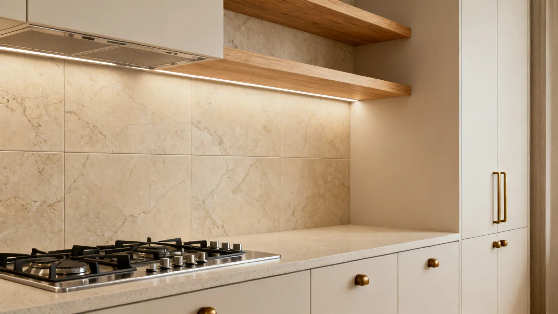 Kitchen interior with beige stone wall tiles wooden shelves gold cabinet handles and gas stove