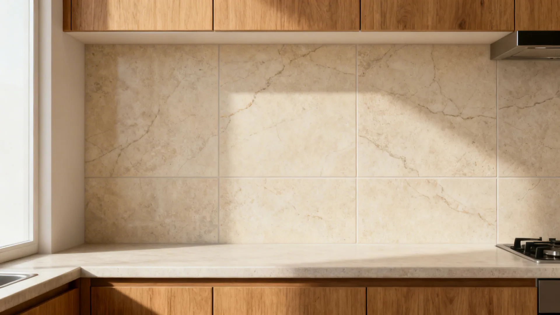 Stone-look porcelain backsplash in soft beige paired with warm oak cabinets.