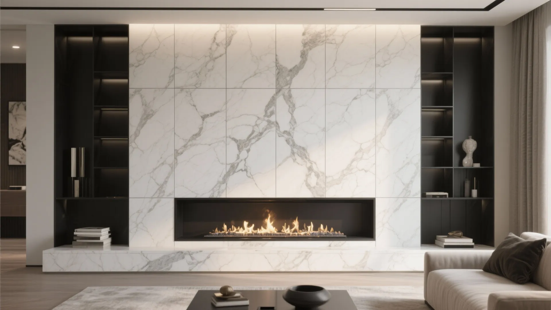 White marble feature wall with fireplace and black shelves in a bright modern living room design