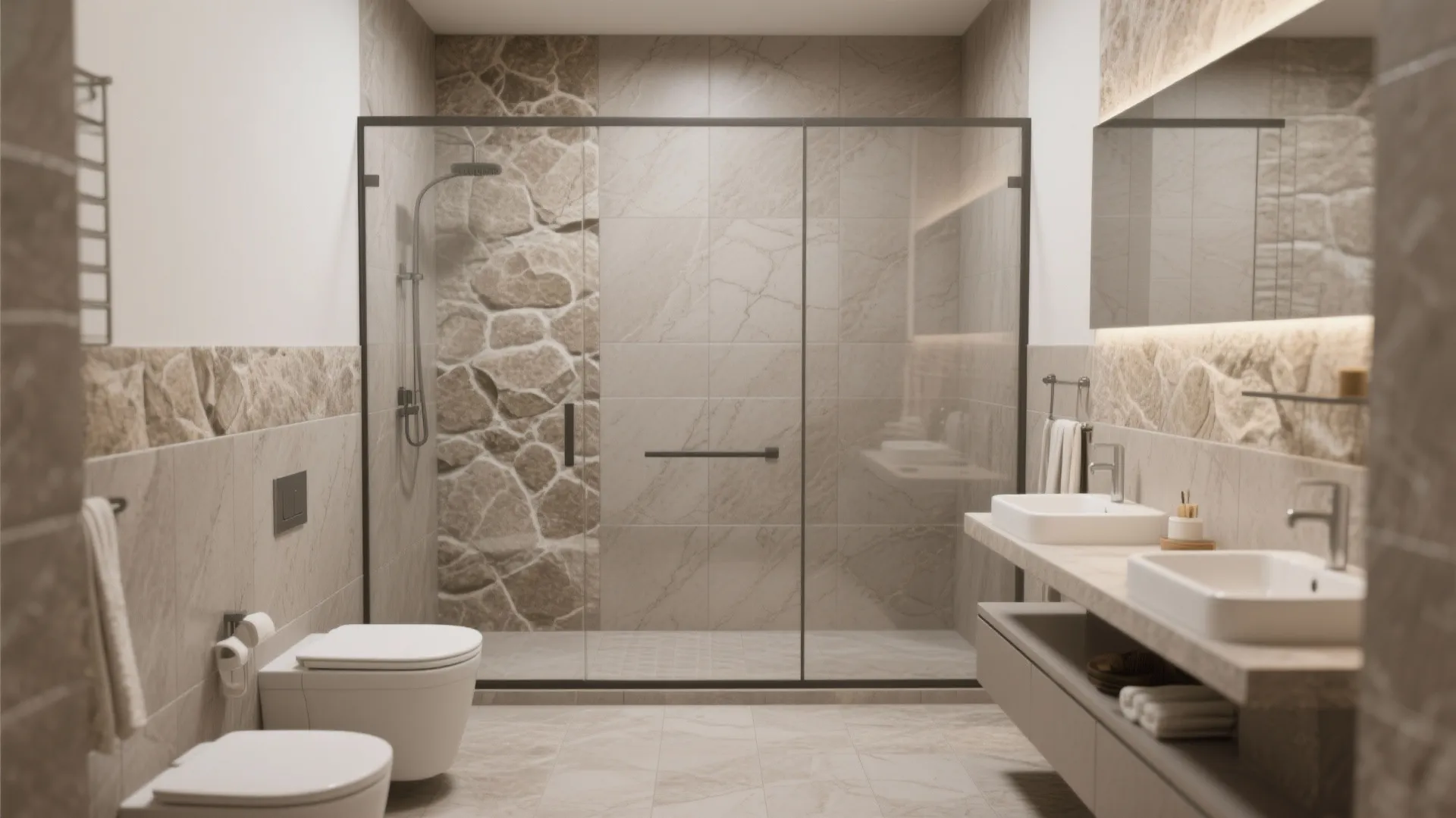 Small spa-like bath with stone-look matte porcelain tiles on floor and walls in warm gray taupe tones.