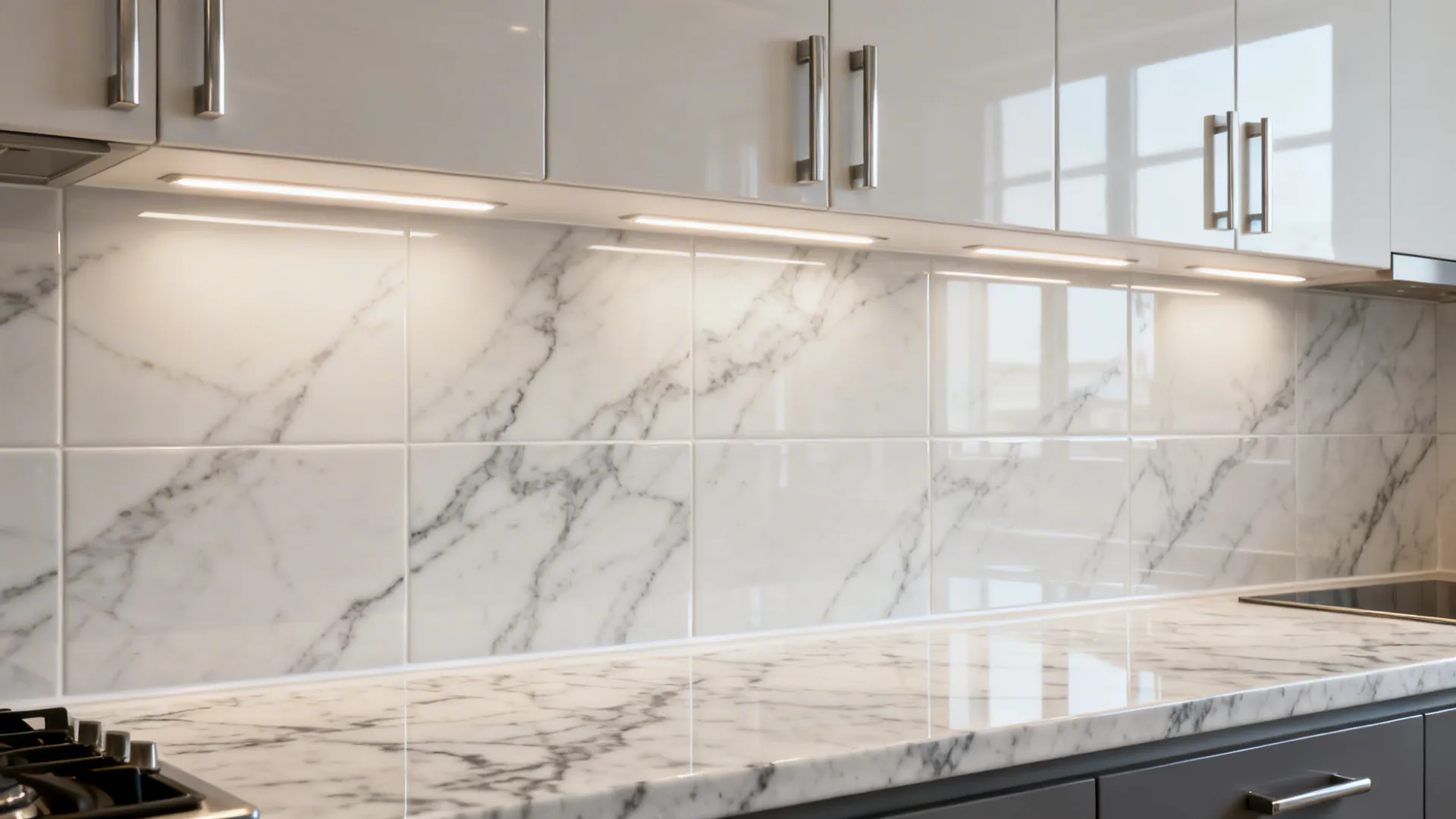 Small kitchen with glossy marble-look porcelain backsplash and nickel hardware.