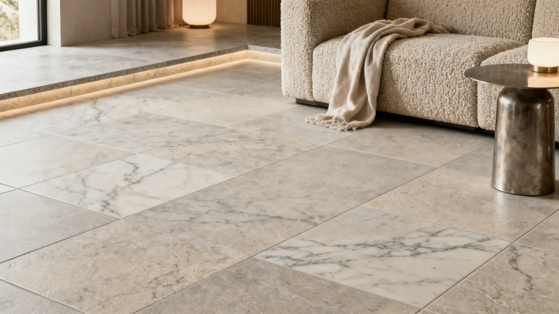 Textured stone-look porcelain tiles with subtle veining in a warm, modern living room.