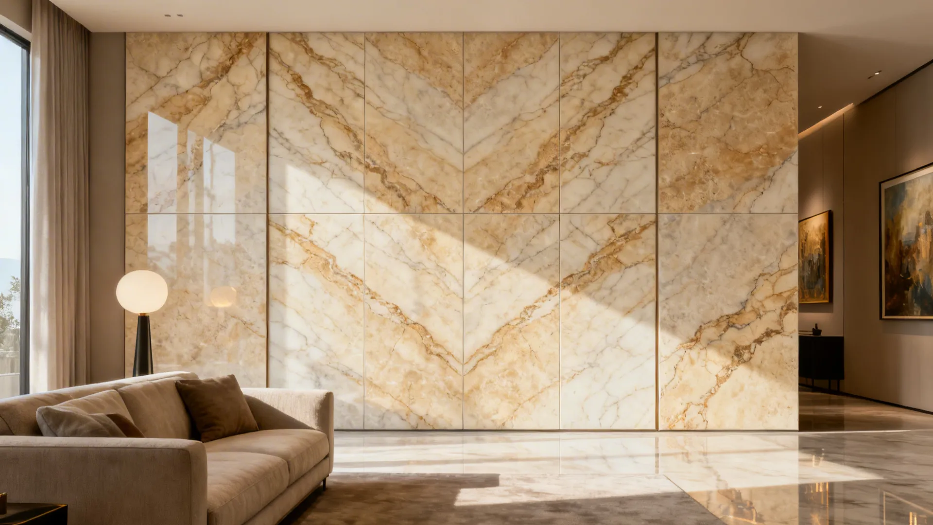 Living room with book-matched stone-look porcelain feature wall in soft daylight.