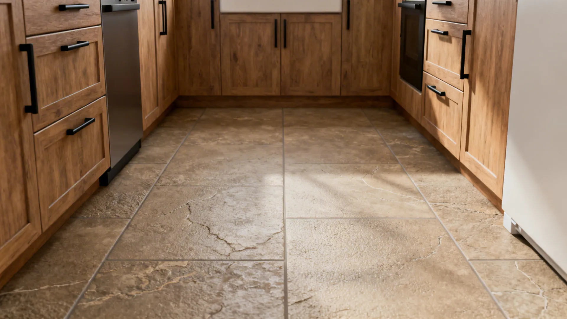 Warm taupe stone-look porcelain floor with subtle veins and third-offset pattern.