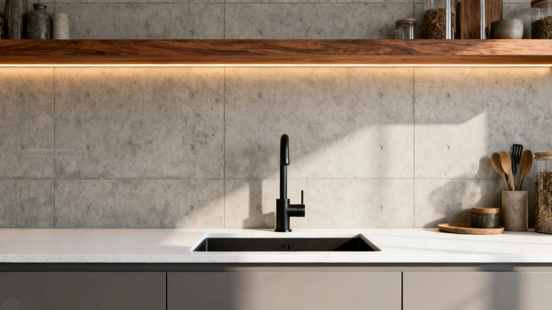 Concrete-look porcelain backsplash with walnut shelf and warm LED lighting in a small kitchen.