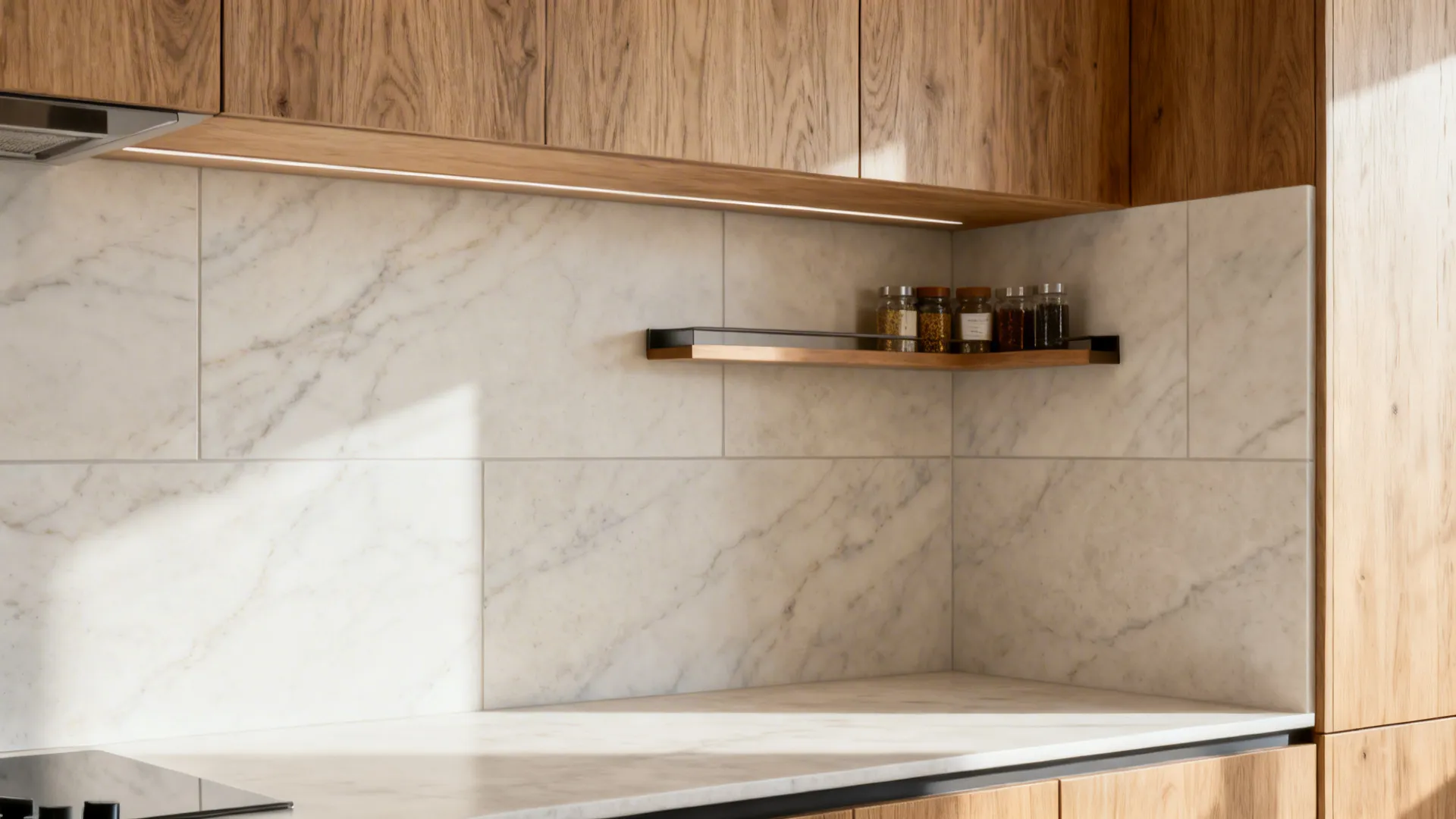Large-format stone-look porcelain backsplash with pale veining beside oak cabinets.