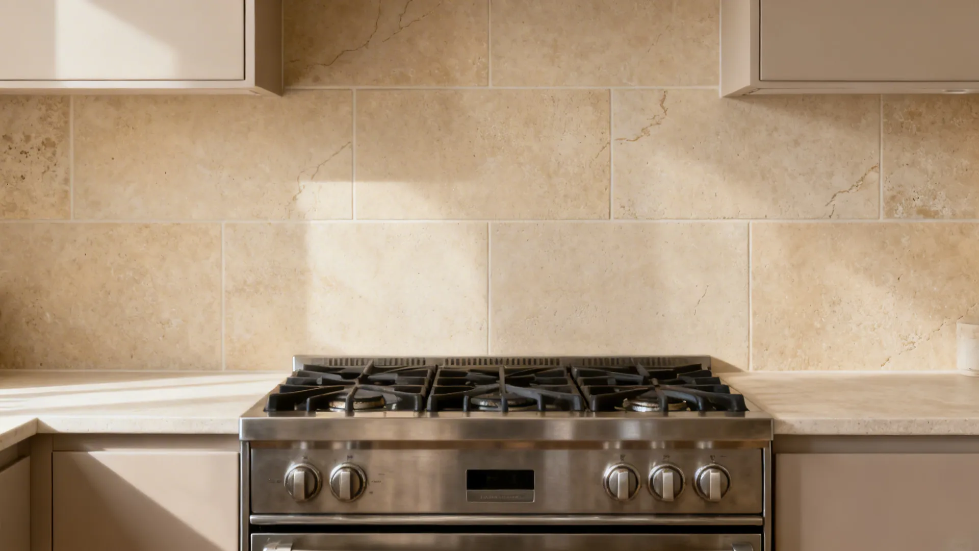 Sandy limestone-look porcelain backsplash with soft matte texture behind a stainless range.