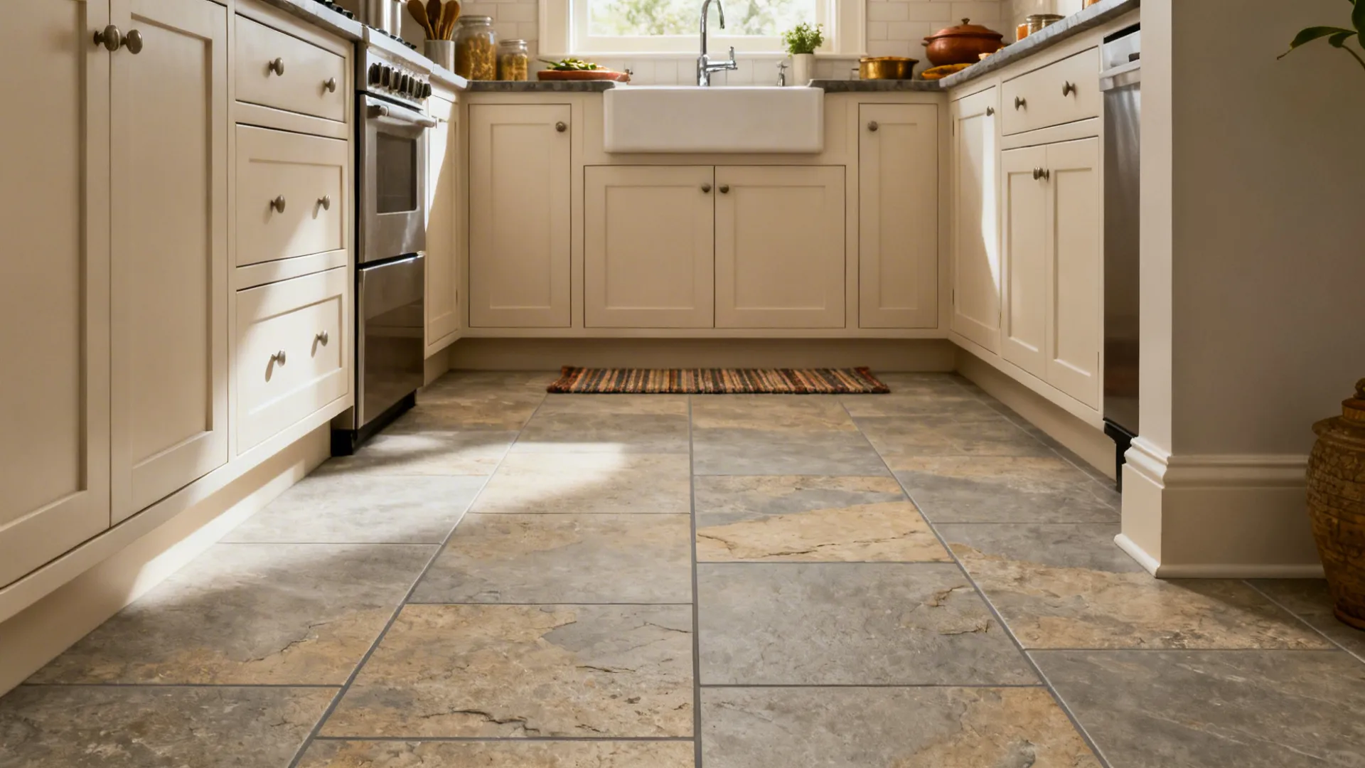 Small kitchen with warm gray-beige stone-look porcelain floor tiles and tight grout lines.