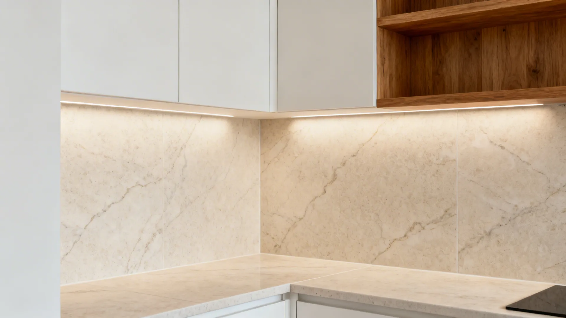 L-shaped small kitchen with micro-textured stone-look porcelain backsplash and warm wood accents.