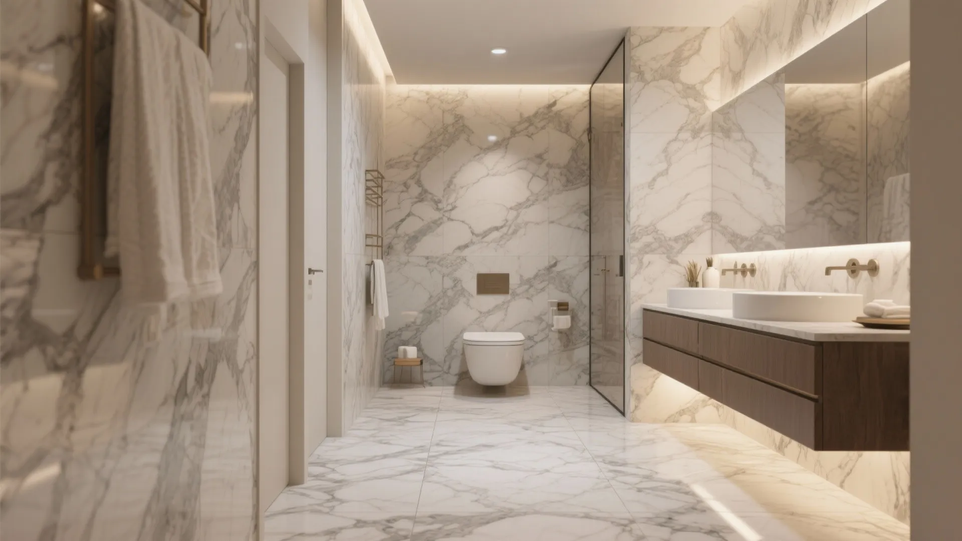 Luxury marble bathroom featuring large wall tiles double wash basin wooden cabinet and white toilet