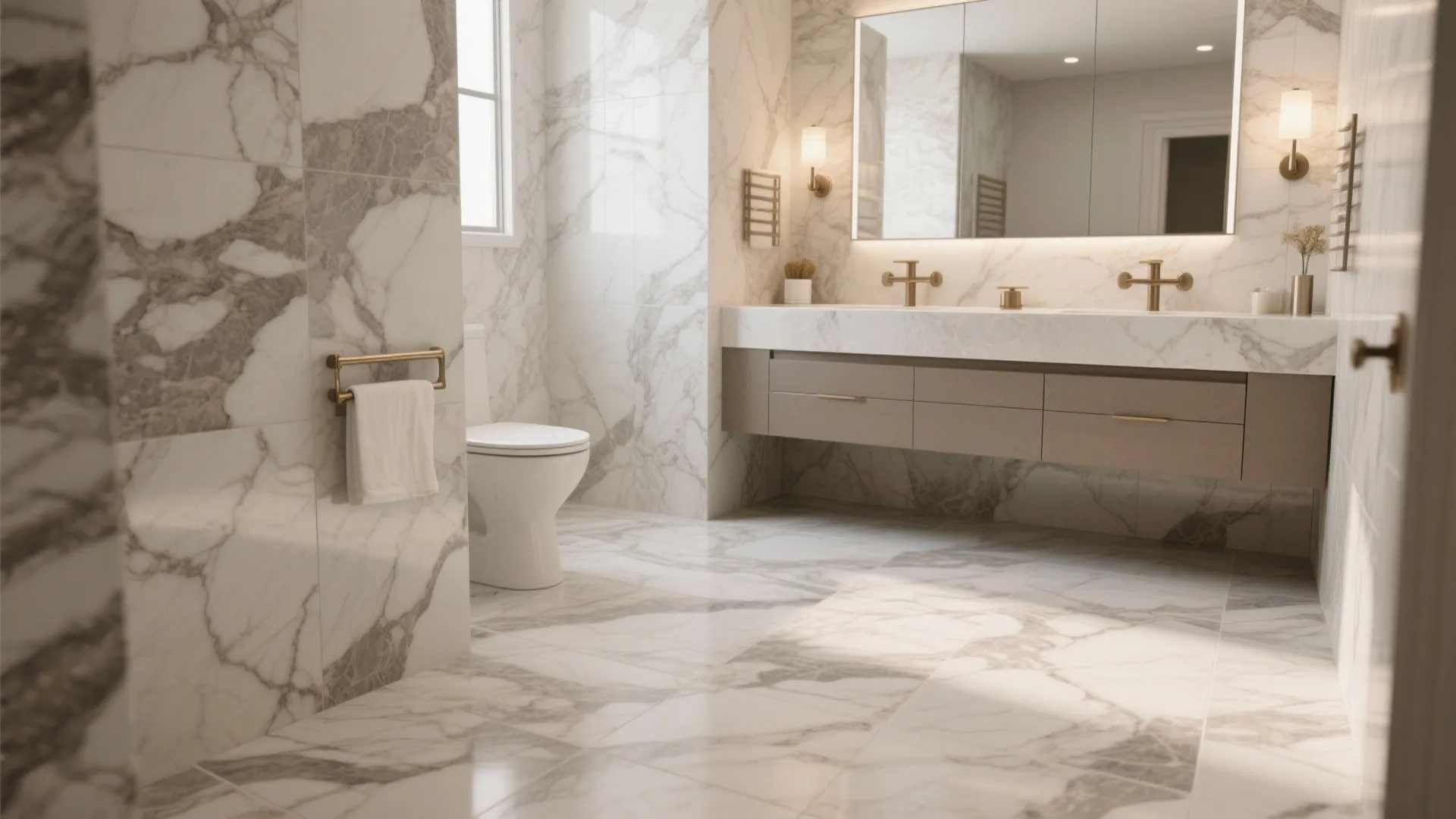5) Stone-look porcelain in soft, low-contrast veining