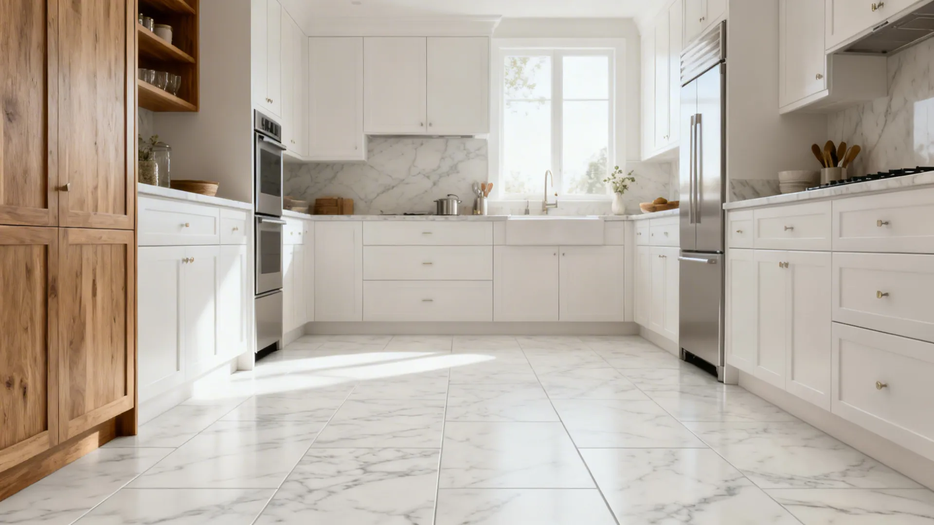 Kitchen with soft white stone-look porcelain tiles and subtle veining.