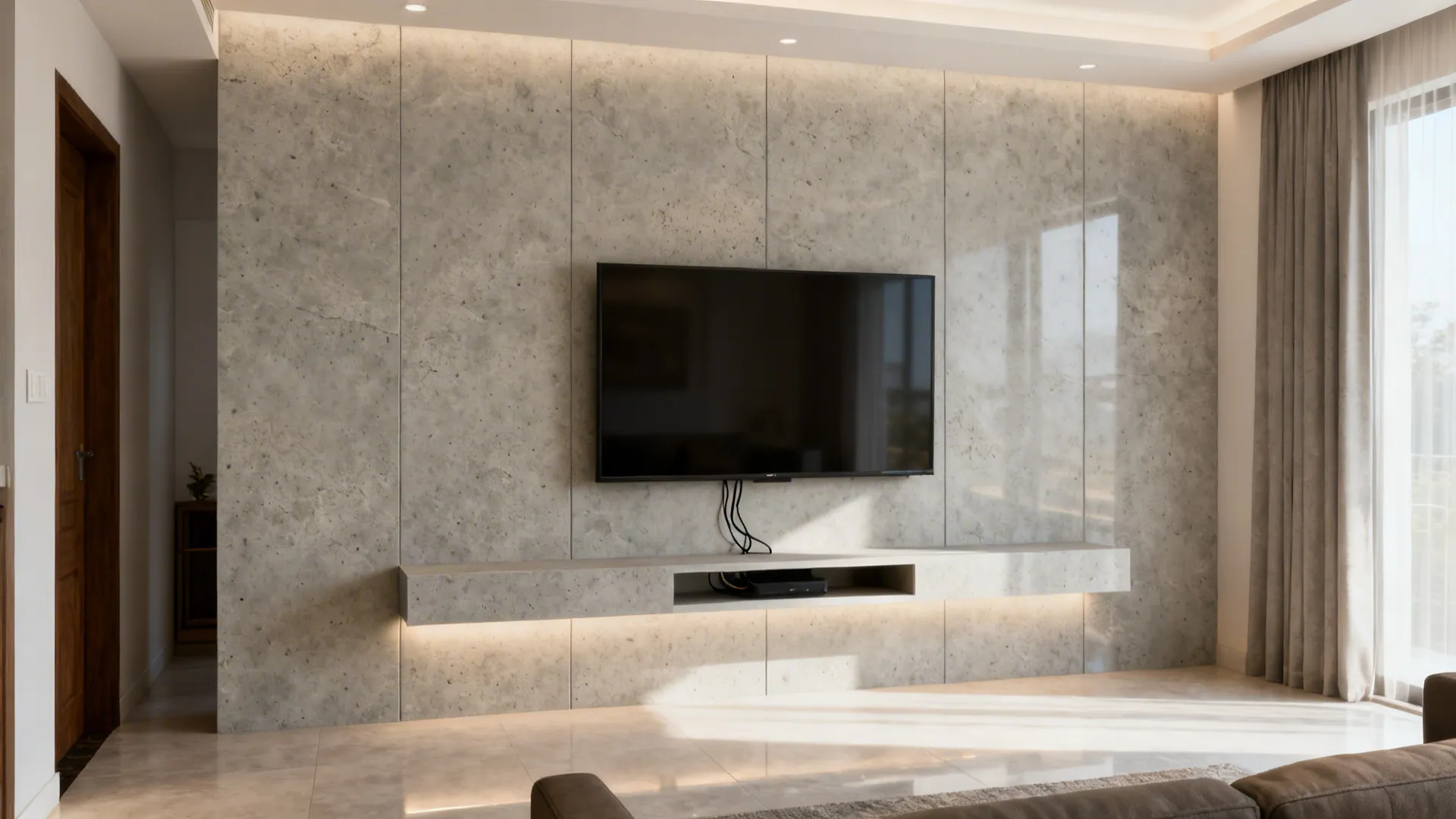 Satin stone-look PVC TV wall with concealed wiring in a small living room.