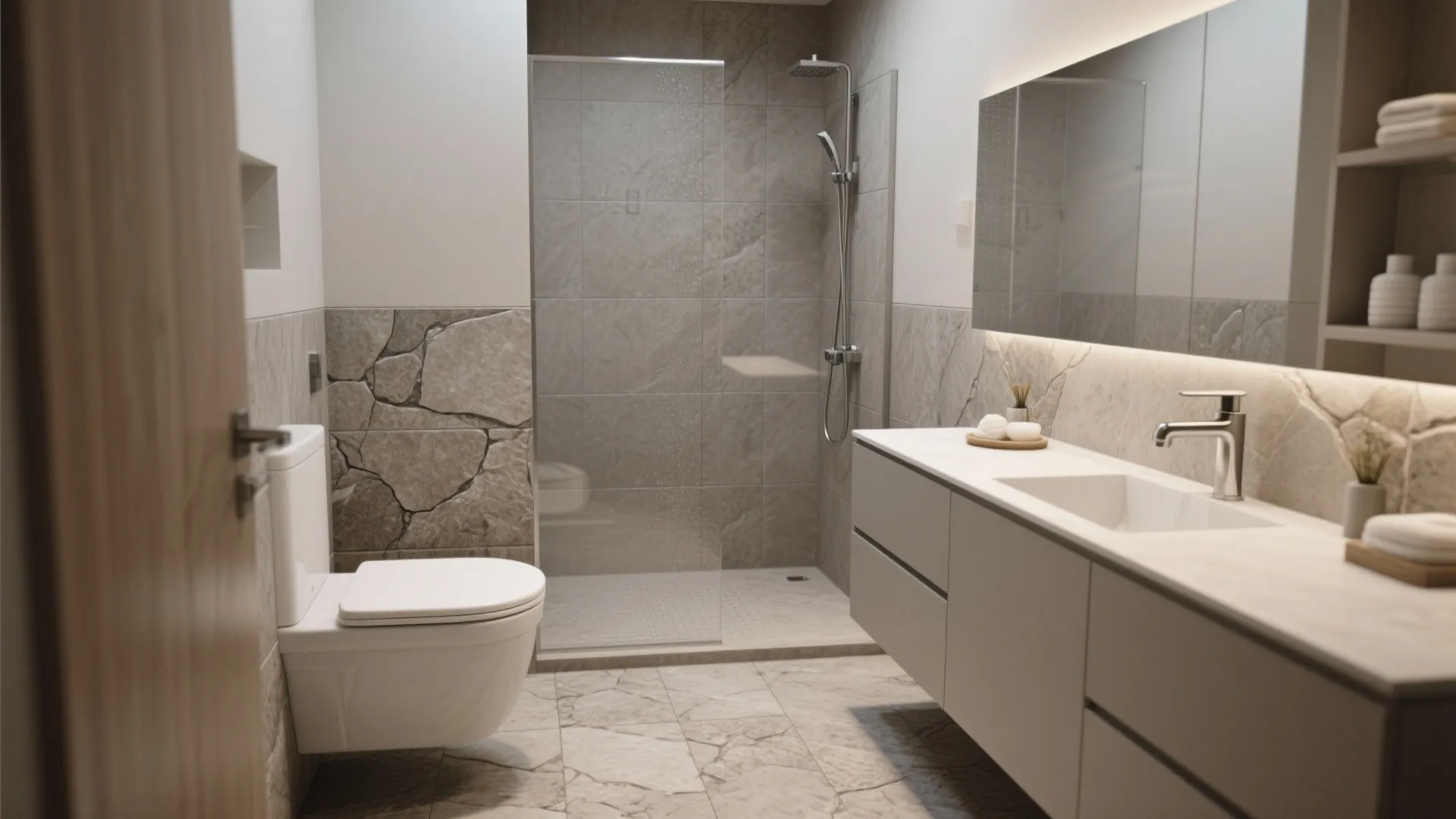 Stone-look porcelain with R10–R11 texture: spa feel, real grip