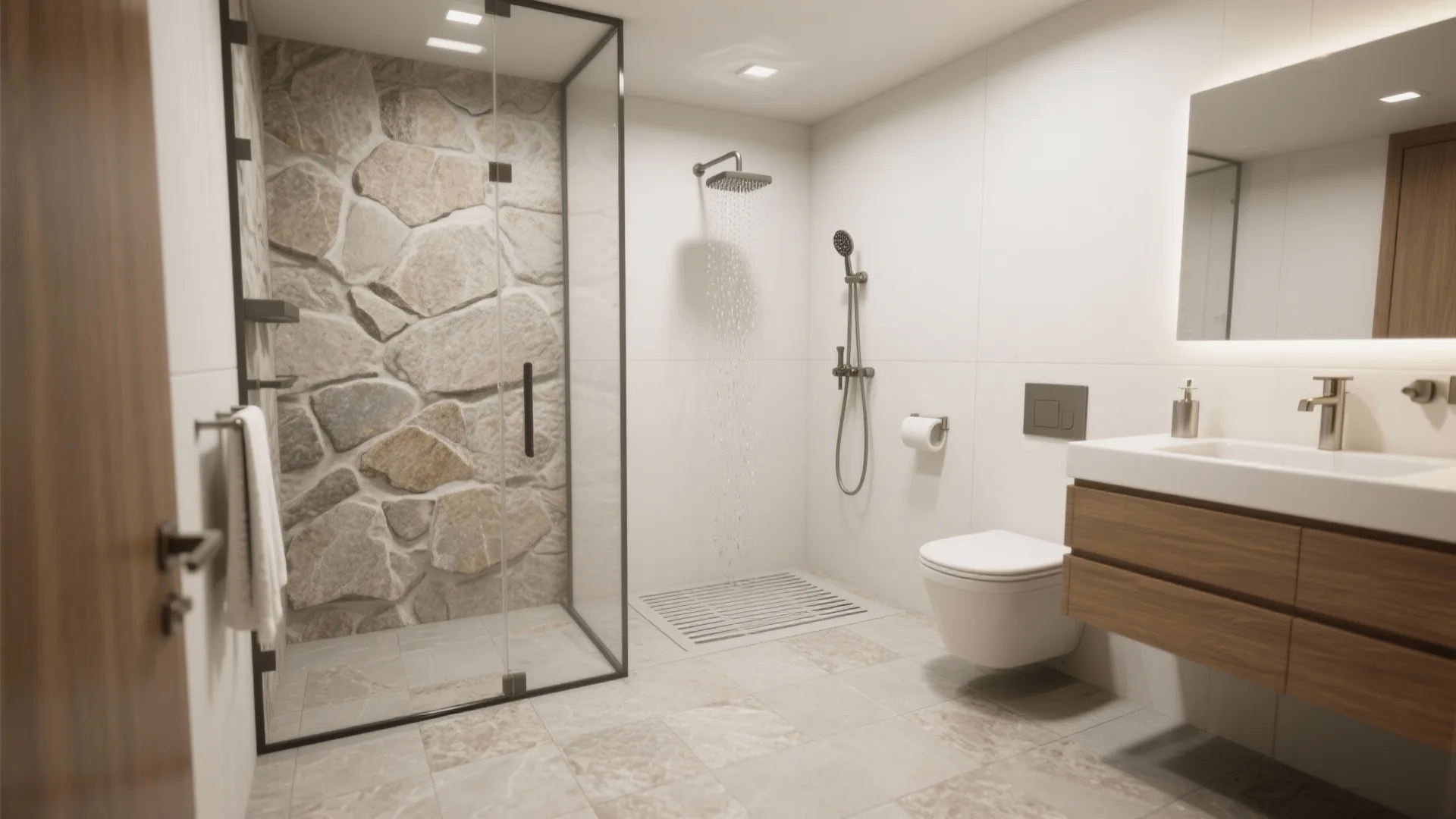 Bathroom interior with stone wall shower, glass door, white toilet, wooden vanity, and grey flooring