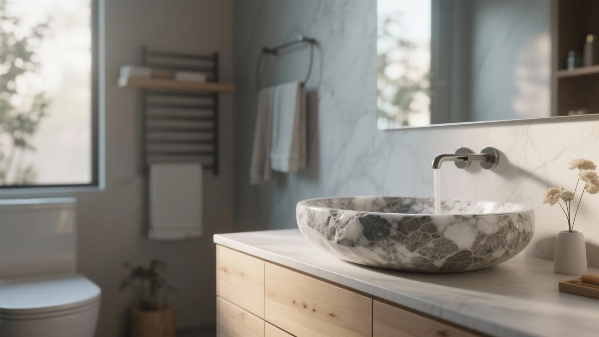 Stone-look resin vessel sink on a light wooden vanity