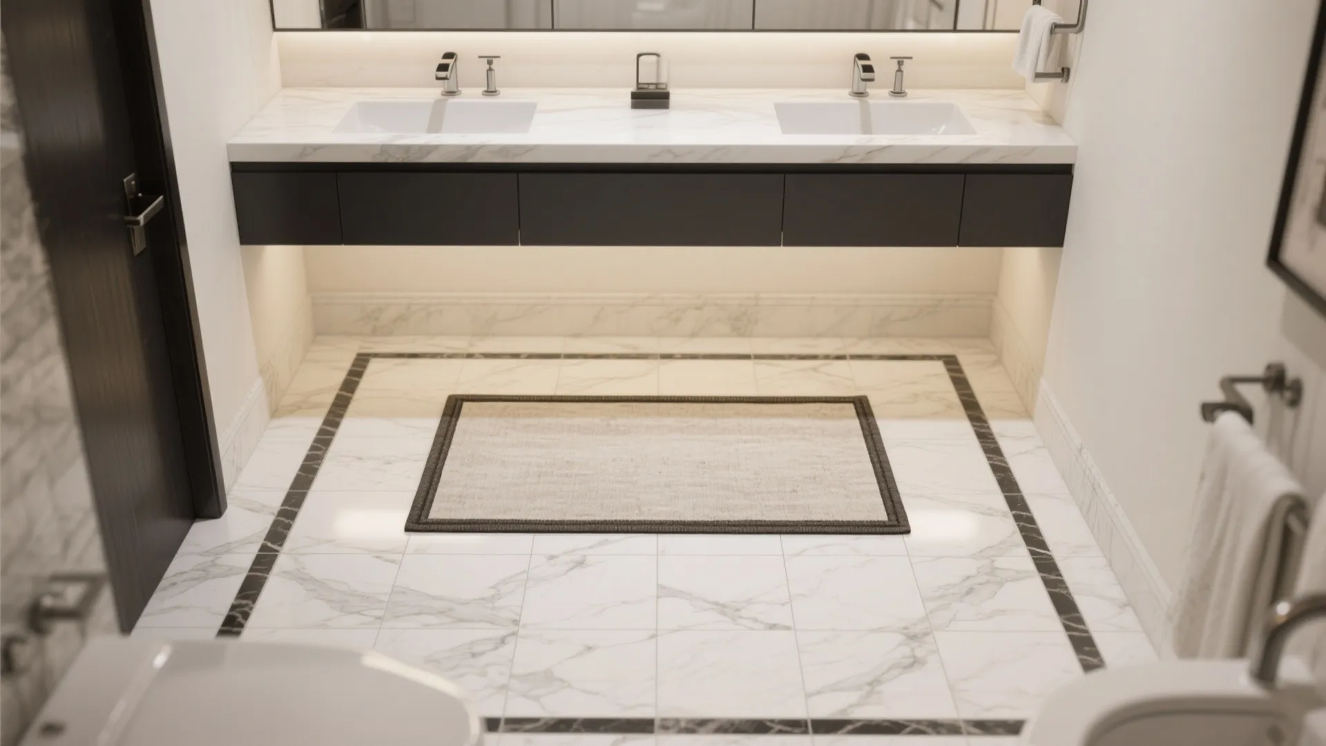 Stone-look porcelain with a framed rug border