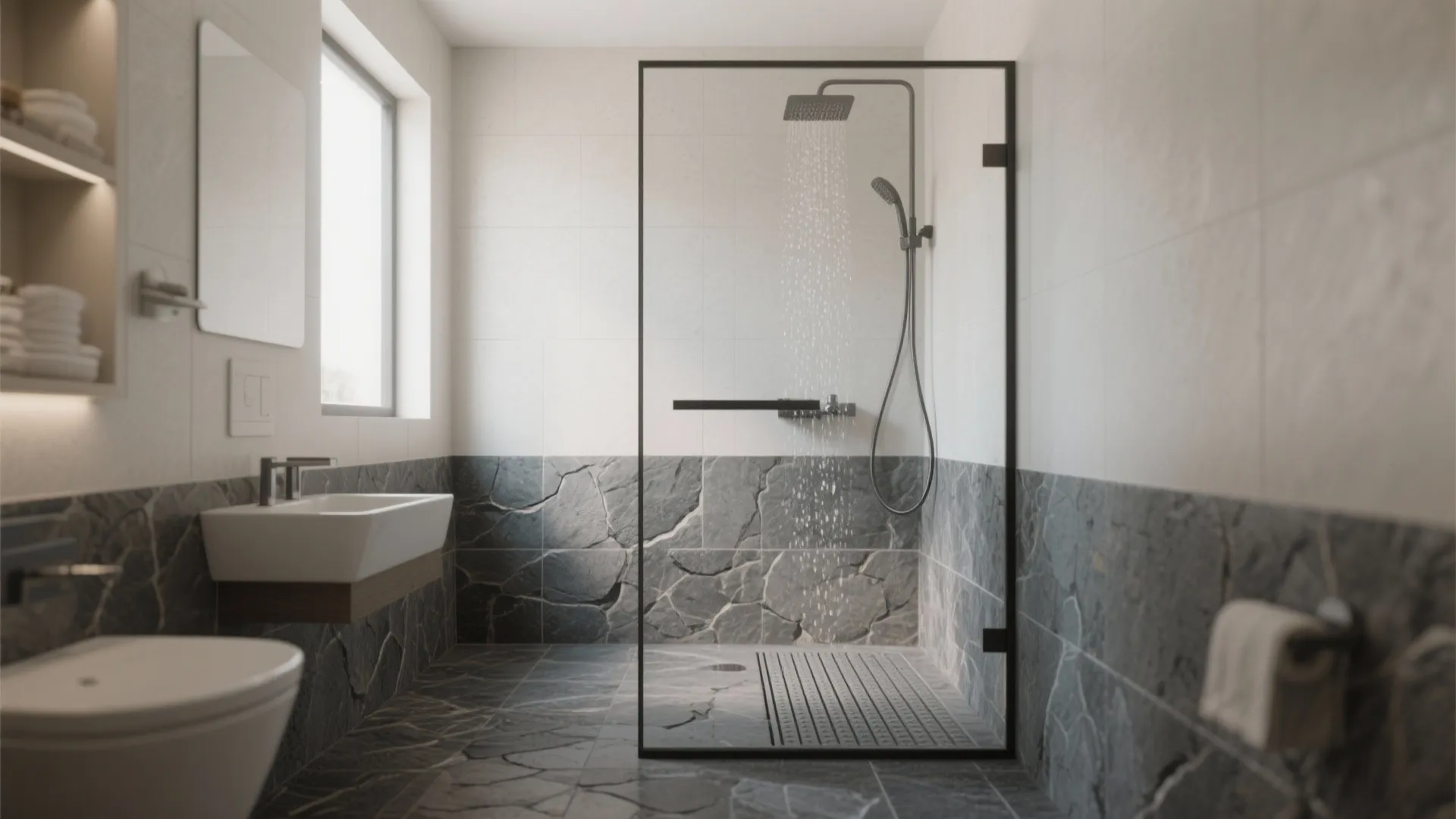 Textured stone-look for wet zones