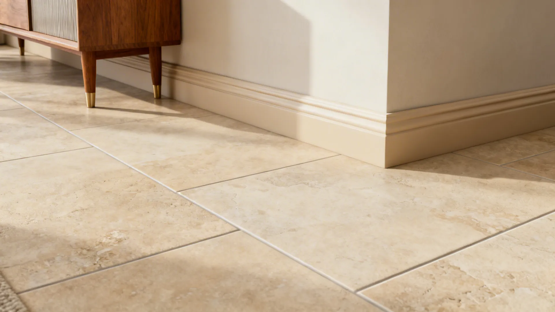 Taupe stone-look porcelain tile with matching 75 mm continuous skirting in soft daylight.